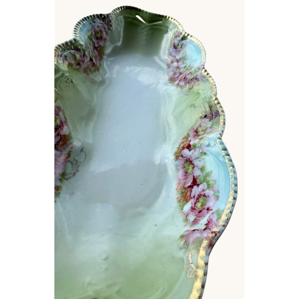 Antique Porcelain Celery Dish- Tray Scalloped Rim- Pastel Floral 1890s - Picture 4 of 6
